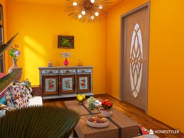 colorful living room arrangement featuring a wooden sideboard and modern decor with a tropical vibe, showcasing vibrant orange walls for an inviting atmosphere, using Homestyler's real-time 3D rendering feature.