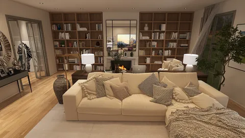 cozy living room featuring a sectional sofa with decorative pillows, designed for a warm and inviting atmosphere, utilizing Homestyler's real-time 3D rendering feature to visualize interior decor.
