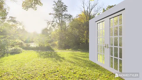 Sliding glass doors opening to a picturesque outdoor view, enhancing indoor-outdoor interaction in a modern minimalist style, showcasing the use of Homestyler's real-time 3D rendering feature.