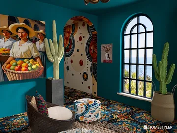 Stylish interior featuring vibrant blue walls and ethnic patterns, showcasing a cozy seating area and decorative cacti, designed using Homestyler's real-time 3D rendering feature for an immersive experience.