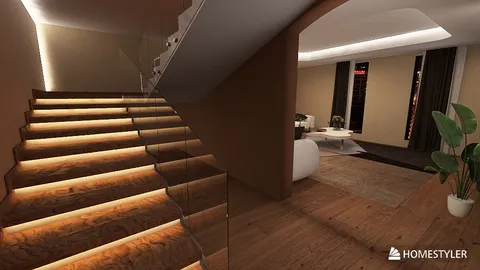 Modern staircase design featuring illuminated wooden steps, showcasing a contemporary interior decor style that enhances the spacious ambiance of the entryway, utilizing Homestyler's real-time 3D rendering feature.