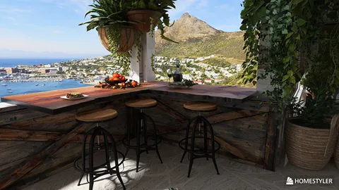 a cozy kitchen bar area with high stools overlooking a scenic coastal view, featuring a rustic wooden counter and lush greenery, showcasing homestyler's real-time 3D rendering for interior design.