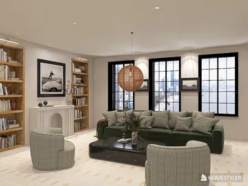 luxurious living room featuring a green sofa and modern armchairs, designed with a contemporary style for optimal interior decor, showcasing Homestyler's real-time 3D rendering capability.