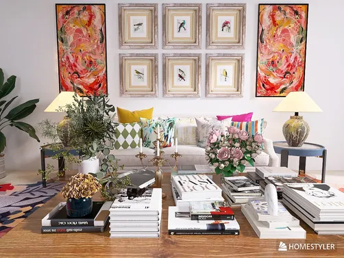 living room designed with a cozy arrangement of modern art, decorative pillows, and stylish furniture, showcasing interior decor for a vibrant and inviting space, utilizing Homestyler's 3D rendering feature for enhanced visualization.