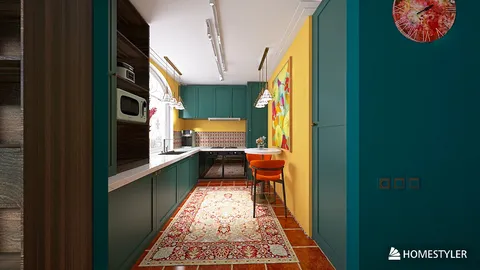 Modern kitchen design featuring vibrant color accents and smart furniture arrangement, showcasing an interior decor style that enhances small space optimization, utilizing Homestyler's real-time 3D rendering feature.