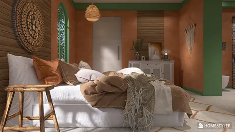 cozy bedroom arrangement showcasing layered bedding and natural textures with a warm color palette enhancing relaxation, featuring Homestyler's real-time 3D rendering for design proposal preview.