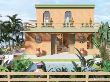 Colorful exterior design of a tropical villa with lush greenery and decorative pottery, showcasing a vibrant architectural style, emphasizing outdoor living space with Homestyler's real-time 3D rendering feature.