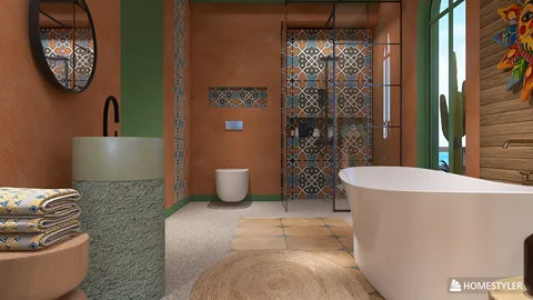 colorful bathroom design featuring a freestanding bathtub and textured walls, showcasing smart furniture arrangement for optimizing small spaces with Homestyler's real-time 3D rendering feature.