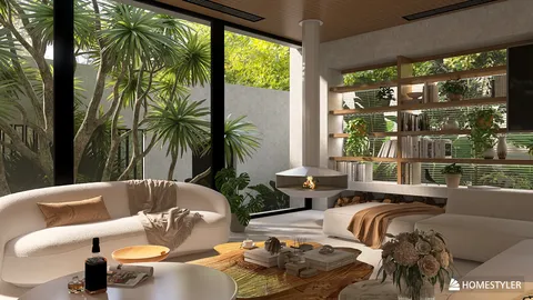 modern living room with lush greenery, featuring a cozy furniture arrangement, styled with a contemporary aesthetic, showcasing the virtual furniture placement function of Homestyler
