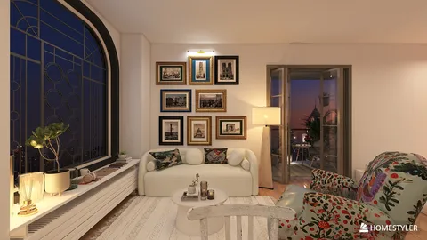 living room showcasing a cozy sofa and colorful armchairs with a gallery wall, designed in a modern style, emphasizing interior decor with Homestyler's real-time 3D rendering feature