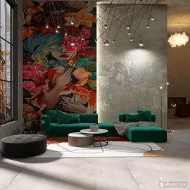 colorful mural decorates a modern living room with green furniture and artistic lighting in a contemporary style; showcasing interior design ideas using Homestyler's real-time 3D rendering feature.
