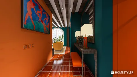Colorful hallway with vibrant orange and teal walls showcasing an artistic painting, featuring a stylish console table and decorative elements, utilizing Homestyler's real-time 3D rendering feature to visualize interior decor ideas.