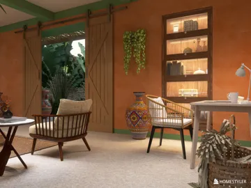 Cozy living room with rustic decor featuring a wooden chair and a decorative shelf, styled for interior design optimization using Homestyler's real-time 3D rendering feature.