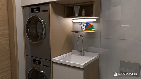 laundry area with modern appliances and smart furniture arrangement in a contemporary style showcasing efficient space usage, leveraging Homestyler's real-time 3D rendering feature.