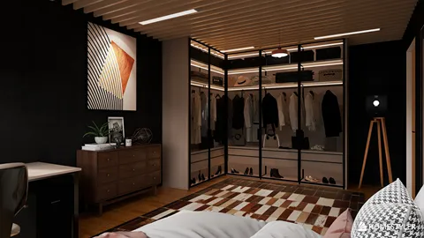 modern bedroom design featuring a stylish wardrobe and organized closet space with smart furniture arrangement, utilizing Homestyler's real-time 3D rendering for efficient interior decor planning.