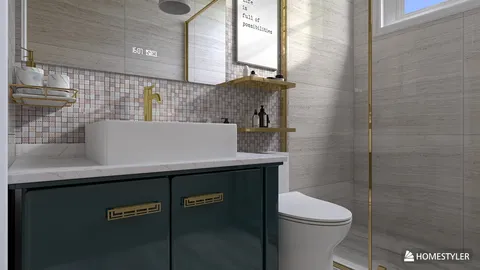 Modern bathroom design featuring a stylish vanity with a sink and gold accents, showcasing a sleek tile pattern and contemporary decor elements; optimized using Homestyler's real-time 3D rendering for a quick design preview.