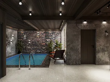 luxurious indoor swimming pool design showcasing a relaxation area with modern decor and natural elements, utilizing Homestyler’s real-time 3D rendering feature for an immersive visual experience.