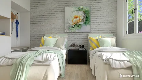 bedroom design featuring twin beds with soft linens and floral decor, showcasing a cozy minimalist style, optimized for space utilization using Homestyler's 3D rendering capability.