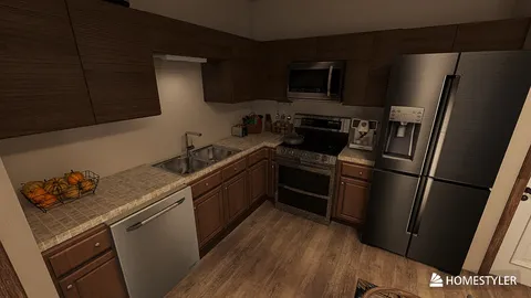 modern kitchen design featuring sleek cabinetry and stainless steel appliances, showcasing an efficient use of space for small homes using Homestyler's real-time 3D rendering function.