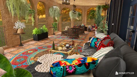 Cozy living space featuring vibrant textiles and comfortable furnishings, showcasing a bohemian style, perfect for relaxation and social gatherings, utilizing Homestyler's real-time 3D rendering feature.