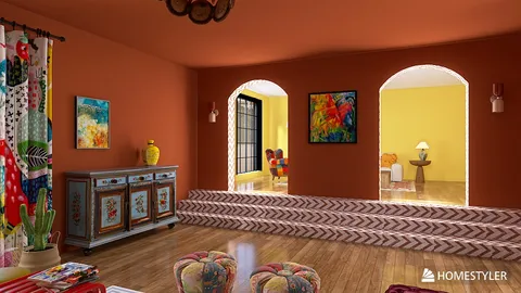 vibrant living room with colorful decor showcasing a cozy layout in a modern style, featuring Homestyler's real-time 3D rendering capability
