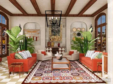 colorful living room with stylish furniture arrangement in a modern rustic style showcasing a cozy atmosphere, featuring Homestyler's real-time 3D rendering functionality