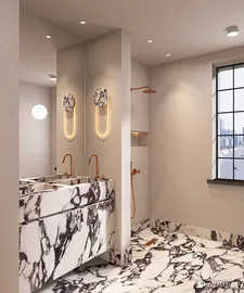 modern bathroom design featuring marble surfaces and stylish fixtures, showcasing a luxurious atmosphere with interior decor elements, utilizing Homestyler's real-time 3D rendering for design proposal display.