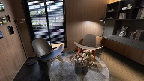 modern lounge chairs arranged creatively in a cozy indoor setting with natural light, featuring a stylish round coffee table and a decorative rug, showcasing interior design using Homestyler's real-time 3D rendering feature