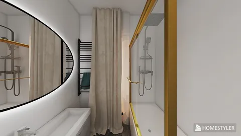 Modern bathroom design featuring a sleek bathtub and elegant gold accents, showcasing a contemporary minimalistic style. Experience real-time 3D rendering with Homestyler for a seamless design preview.