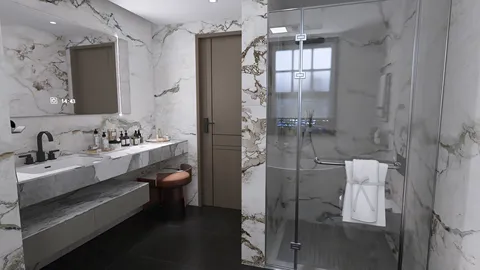 luxurious bathroom design featuring marble walls and modern fixtures, showcasing an elegant shower area and sleek vanity, optimized for interior decor inspiration using Homestyler's real-time 3D rendering feature.