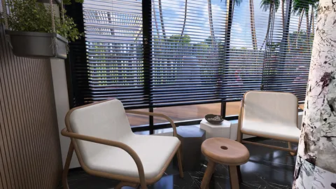 cozy seating area with stylish armchairs and side table featuring natural light from the blinds, designed using Homestyler's real-time 3D rendering for an inviting interior decor experience.