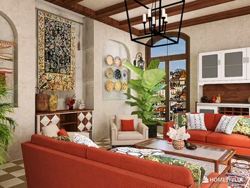 A modern living room featuring a cozy red sofa arrangement complemented by decorative cushions, designed using Homestyler's real-time 3D rendering for an immersive interior decor experience.
