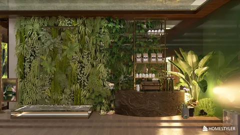 Indoor spa reception area with lush greenery wall and natural materials, designed to create a relaxing atmosphere, utilizing Homestyler's AR virtual furniture placement feature.