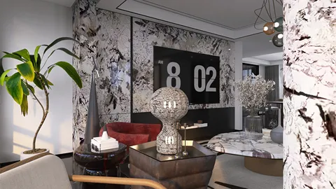 Modern living room interior featuring stylish furniture arrangement, showcasing minimalist design with luxurious textures and colors, created using Homestyler's real-time 3D rendering for an immersive visualization experience.