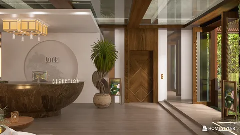 luxurious reception area featuring a curved wooden front desk, designed in a modern style with elegant lighting and green plants, showcasing interior decor optimization using Homestyler's real-time 3D rendering feature.
