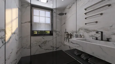 modern bathroom design featuring a glass shower enclosure and marble walls, showcasing an elegant and luxurious aesthetic, utilizing Homestyler's real-time 3D rendering for an accurate design preview.