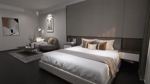 Modern bedroom interior design featuring a spacious layout and neutral color palette, showcasing the use of Homestyler's real-time 3D rendering for a realistic preview of the design.