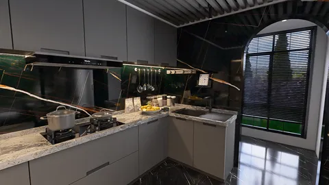 modern kitchen featuring sleek cabinets and granite countertops, showcasing a functional cooking space with efficient layout, enhanced by Homestyler's real-time 3D rendering for design visualization.