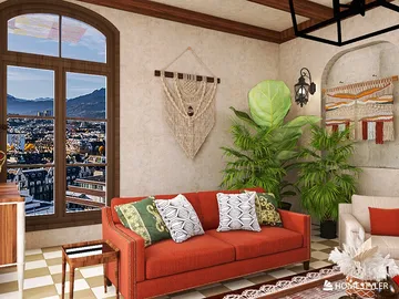 a cozy living room featuring a vibrant red sofa arranged with decorative pillows, showcasing a bohemian style, ideal for creating a warm interior decor atmosphere; includes Homestyler's real-time 3D rendering feature for design previews.