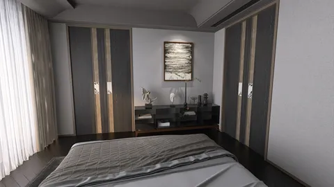 bedroom interior design featuring a sleek bed arrangement with smart furniture layout in a modern style, optimizing small space with Homestyler's intelligent furniture arrangement feature.