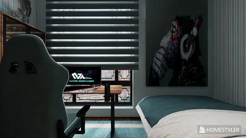 futuristic gaming chair and desk setup creating a modern gaming room design with a sleek style, emphasizing space optimization, utilizing Homestyler's real-time 3D rendering feature.