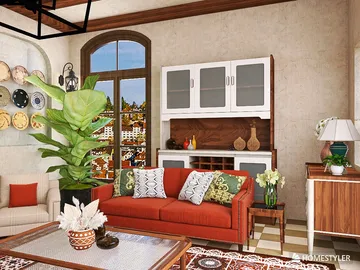 living room interior design featuring vibrant orange sofa and decorative elements, utilizing the Homestyler real-time 3D rendering feature for an immersive space overview.