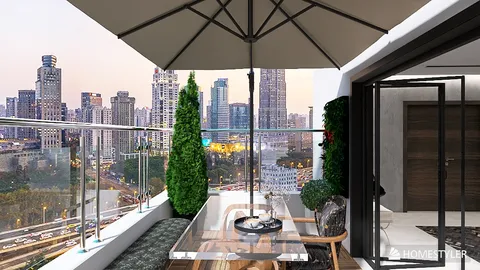 outdoor terrace seating arrangement showcasing modern design with urban skyline view, enhancing relaxation and social engagement, featuring Homestyler's real-time 3D rendering functionality.