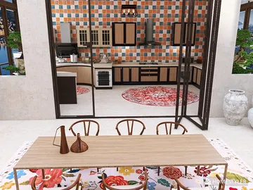 modern kitchen layout with dining setup featuring vibrant tile backsplash and stylish chairs, showcasing interior decor design using Homestyler's real-time 3D rendering feature for a realistic preview.