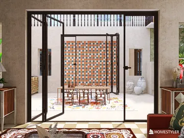 a spacious outdoor dining area with a large table surrounded by chairs, designed in a modern style, showcasing a blend of indoor and outdoor living spaces, featuring Homestyler's real-time 3D rendering capabilities.