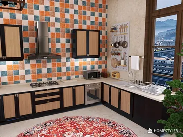 kitchen interior design featuring a modern layout with colorful tiled backsplash and wooden cabinetry, showcasing an efficient cooking space optimized using Homestyler's real-time 3D rendering feature.