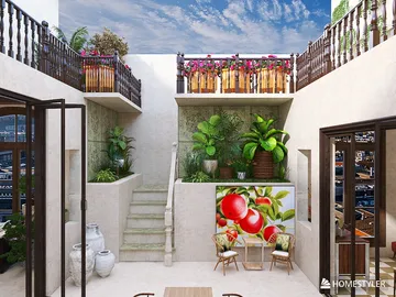 outdoor courtyard design featuring lush greenery and decorative balcony planters in a tropical style, showcasing a serene escape, utilizing Homestyler's real-time 3D rendering feature for effective visualization.