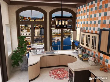 Stylish kitchen featuring a curved island and colorful tiled backsplash, designed using Homestyler's real-time 3D rendering for an immersive cooking space.