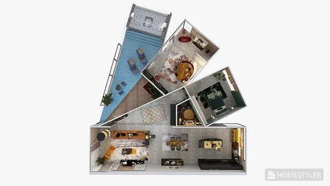 3D floor plan layout showcasing optimized interior design for a modern apartment, featuring smart furniture arrangement and a focus on small space solutions using Homestyler's automated floor plan generation.