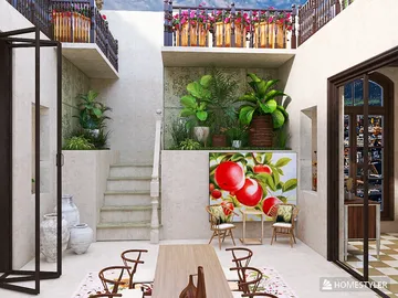 spacious indoor garden area with decorative plants and seating arrangement showcasing modern design elements and a warm ambiance; includes Homestyler's real-time 3D rendering feature for enhanced visualization.